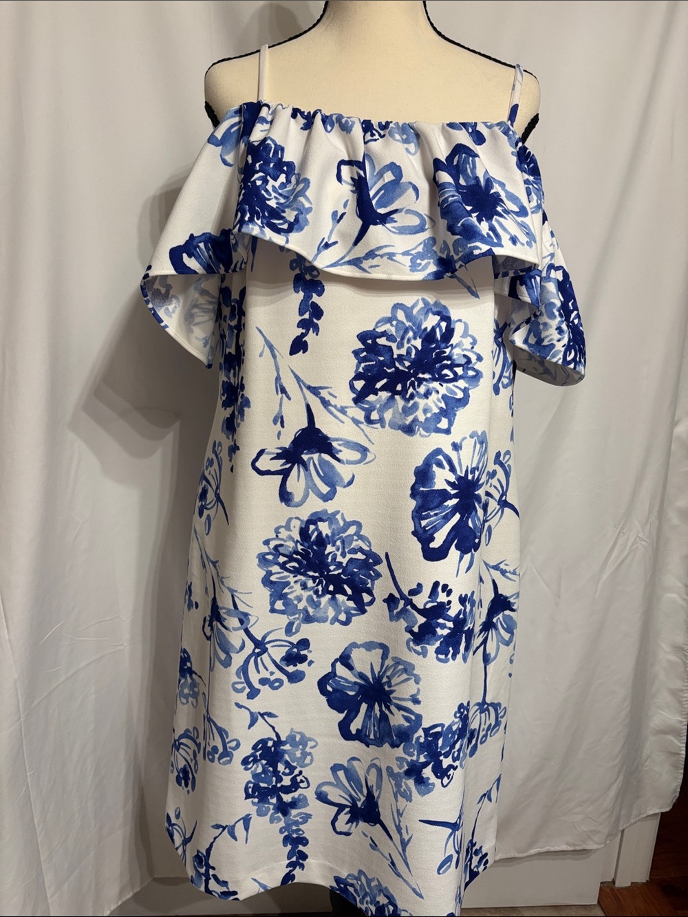 Lauren Ralph Lauren Floral Blue and White Dress On and Off Shoulder SZ 12
